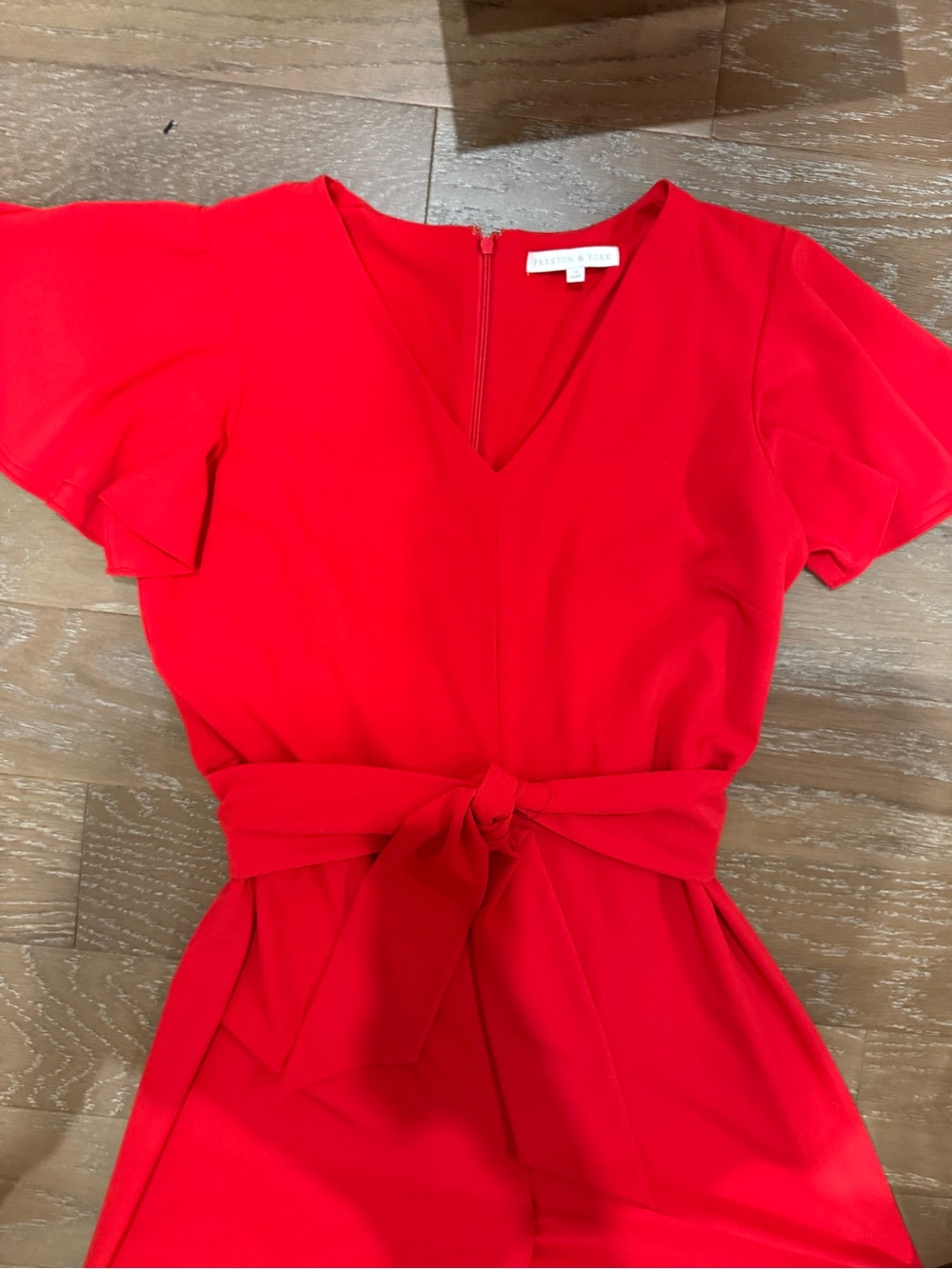 Preston & York Bright Red V-Neck Tie-Waist Wide-Leg Jumpsuit - Picture 2 of 10